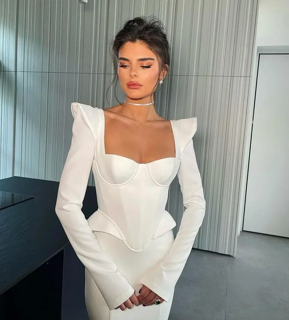 Customized Prom Dresses Long Sleeves Corset Bridal Gowns Arabic Square Neck Brides Dress Custom Made Robe Exquisite High Quality
