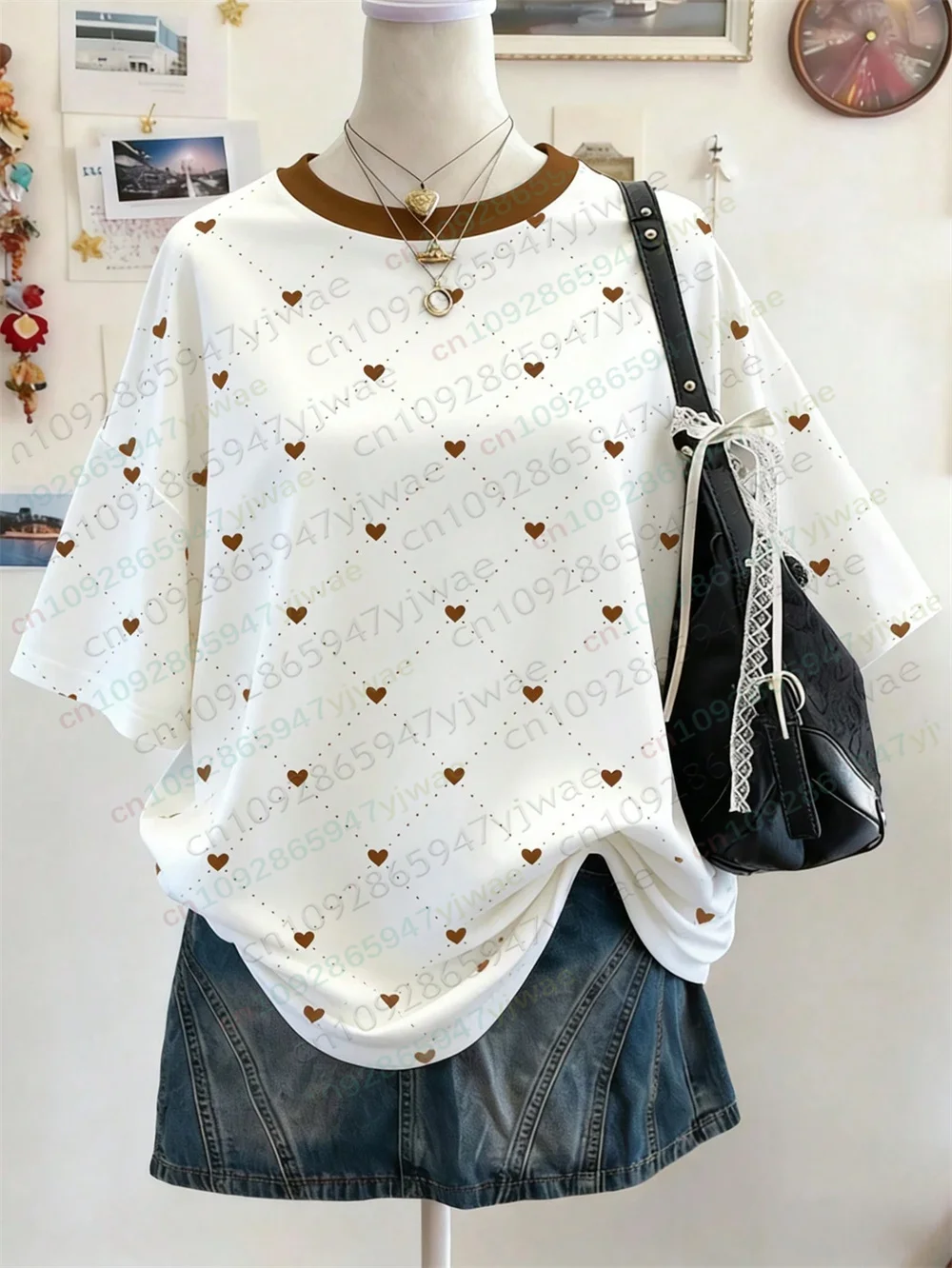 Herzförmiges Polka-Dot-Muster, O-Ausschnitt, Kurzarm-T-Shirt, vielseitiges Casual-Oberteil, Y2K Streetwear, Sommer-Damen-T-Shirt – Detail 5