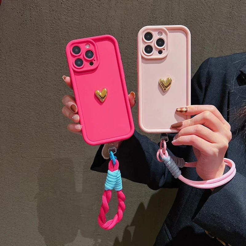 3D Gold Heart Soft Lanyard Rope Phone Case For iPhone 17 16 15 14 13 12 11 Pro Max X XS XR 7 8 Plus Hand Strap Shockproof Cover