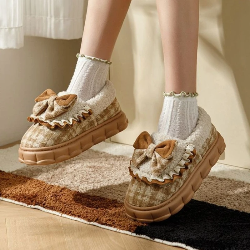 

Women's Winter Warm Cotton Slippers Vintage Bow Design Thick Sole Anti-Slip Plush Lined Extra Indoor Outdoor Wear