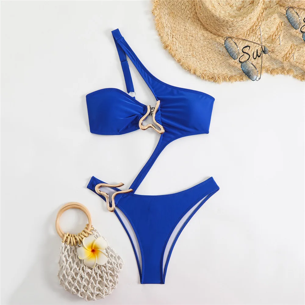 Sexy Black One Shoulder Swimwear One Piece Swimsuit Women 2026 Hollow Out Monokini Metal Ring High Cut Bathing Suit Swim Wear