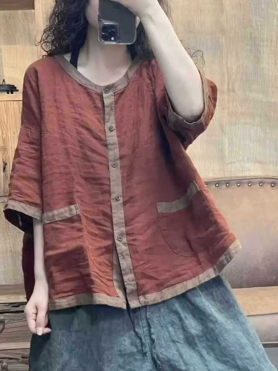 

Retro Style Linen Short Sleeve round Neck Loose Fit Women's Shirt Summer 2026 Breathable Comfortable Versatile Casual Top