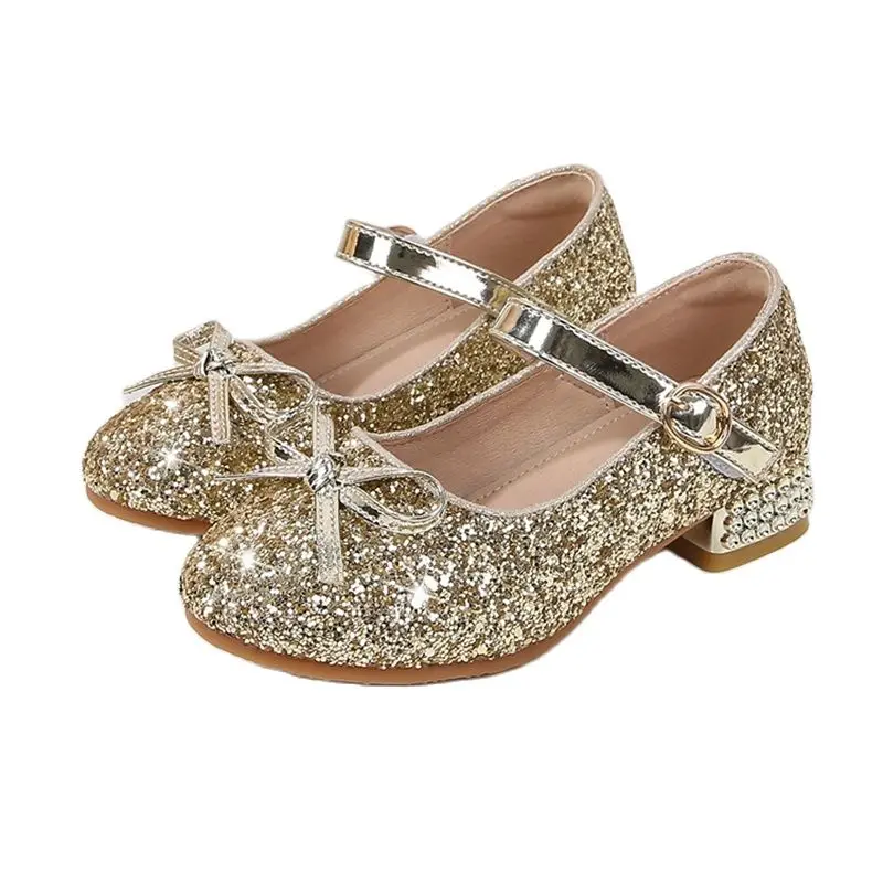 

Fashion Glitter Diamond Kids Leather Shoes Gold Silver Girls Heel Shoe Girl Princess Dress Shoes For Party Wedding