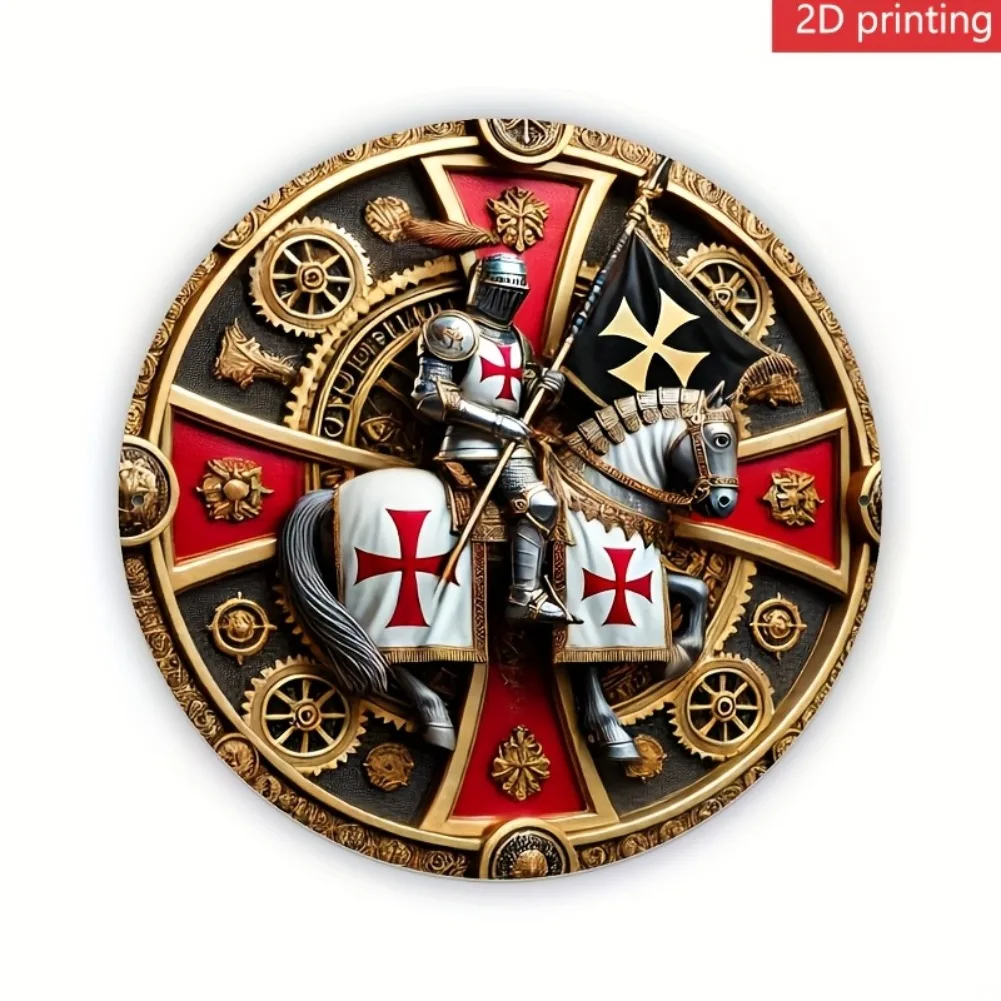 8x8" 2D flache Vintage runde Metallwandkunst – Templer-Thema mit gepanzertem Ritter und Kreuz, Metallic-Finish für Home Office Bar Cafe