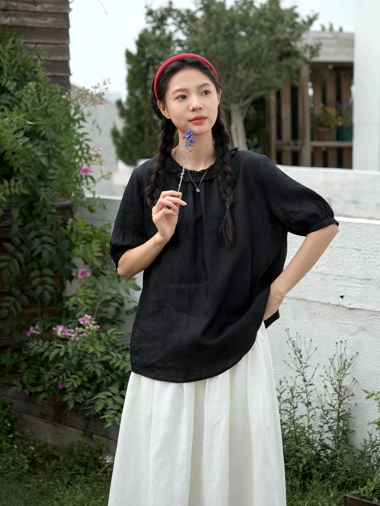 

Natural Flax Short Sleeve Shirt Women's Summer Thin Black Shirt Loose Personality Top Wooden Ear Design Breathable Skin-...