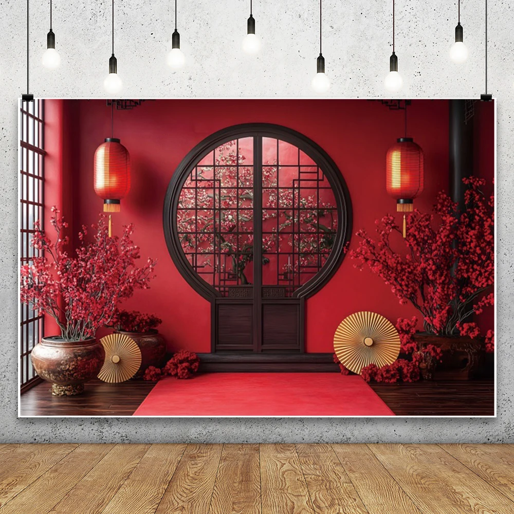 Red Chinese Style Wedding Party Backdrop Ancient Architecture Screen Flower Lantern Oil Paper Umbrella New Year Decor Background