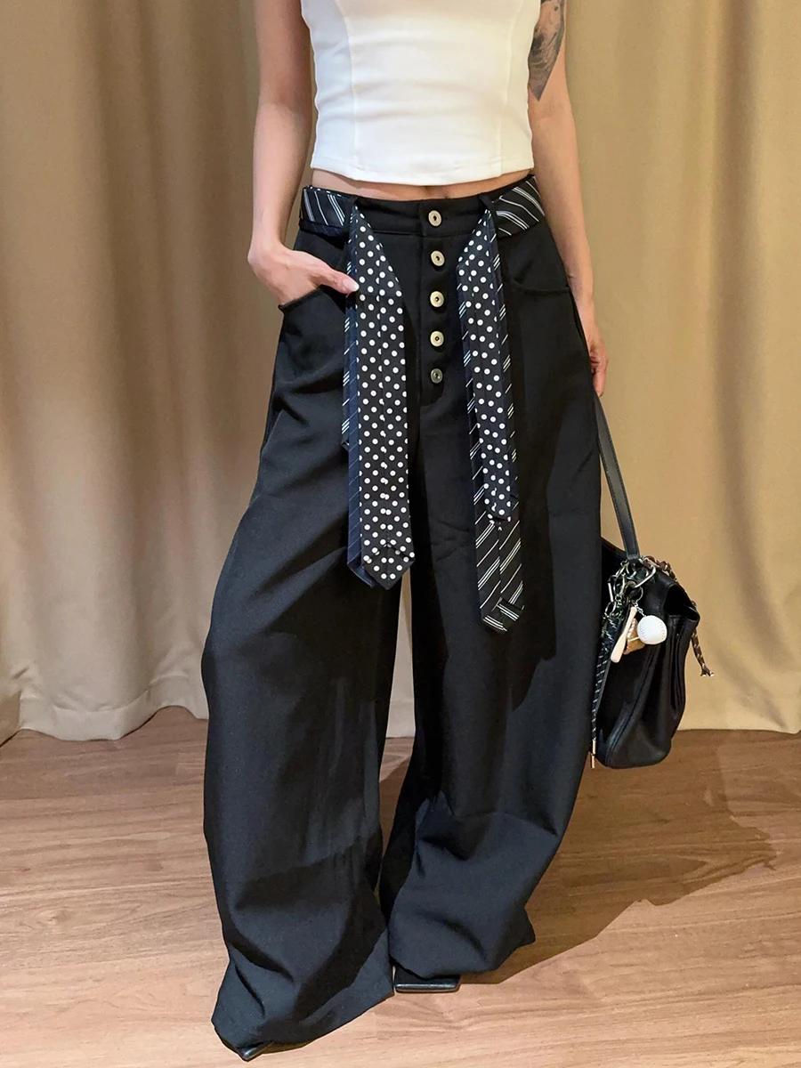 ReddaChic Pantalones de vestir de pierna ancha para mujer con bolsillos con lazo Pantalones palazzo con detalle de botones sueltos e informales para uso diario en la oficina