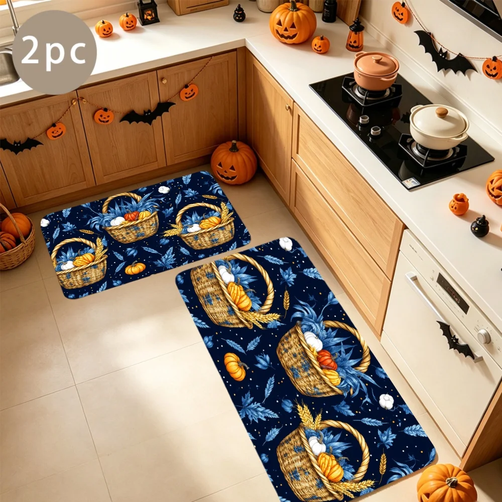 1/2/3pcs Kitchen Rugs, Welcome Door Mat Set, Home Halloween Decoration for Front Door, Kitchen, Bathroom, Woven Baskets with Pumpkins And Leaves On Dark Blue Background Dining Mat, Housewarming Party Gift.