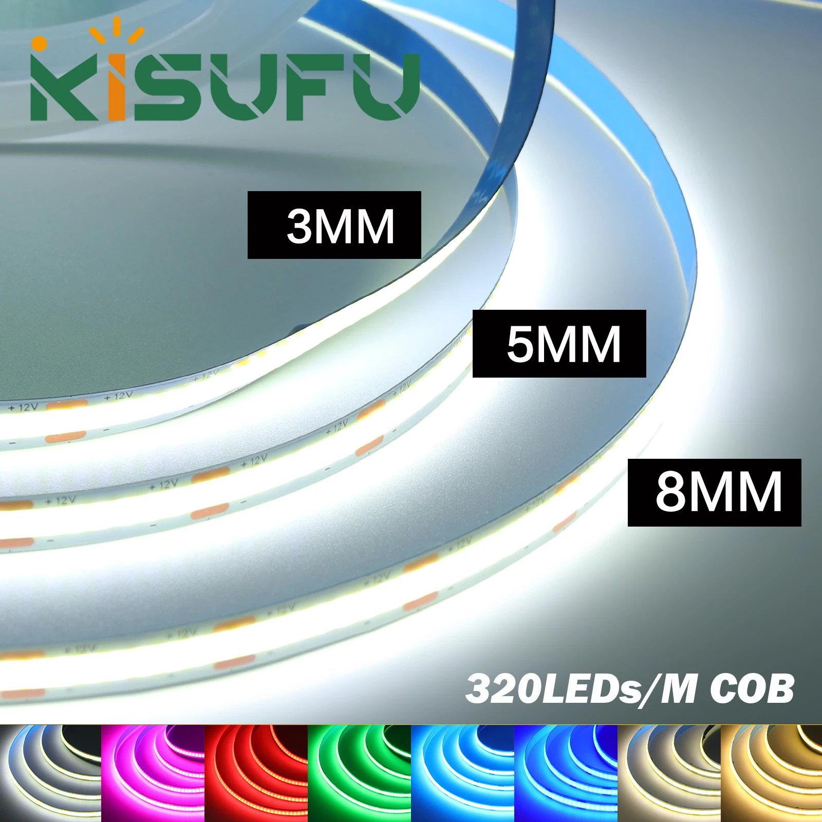 8mm 5mm 3mm PCB COB LED Strip Lights 12V 320LEDs/M RA90 Dimmable Adhesive Night Light Kitchen Room Mirror TV Backlight 9 Colors