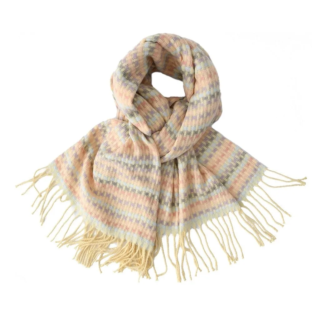 

Soft Dopamine Plaid Scarf Anti-cold Korean Style Knitted Wool Shawl Faux Cashmere Contrast Color Long Neckscarf with Tassel
