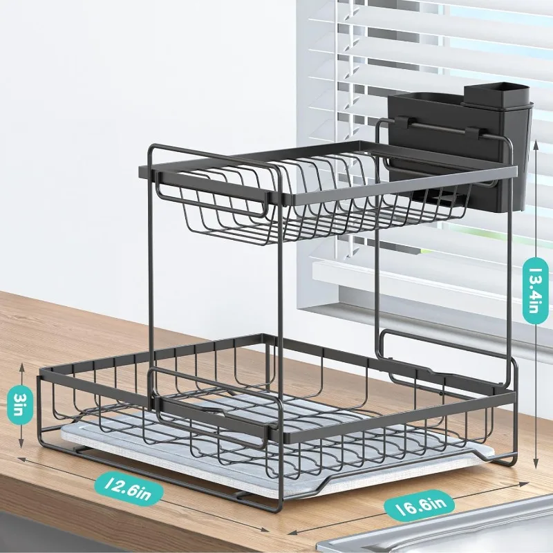 Dish Drying Rack with Stone Drying Mat, 2 Tier/Quick-Drying/Stainless/Super Sturdy/Space-Saving, Dish Strainers for Kitchen