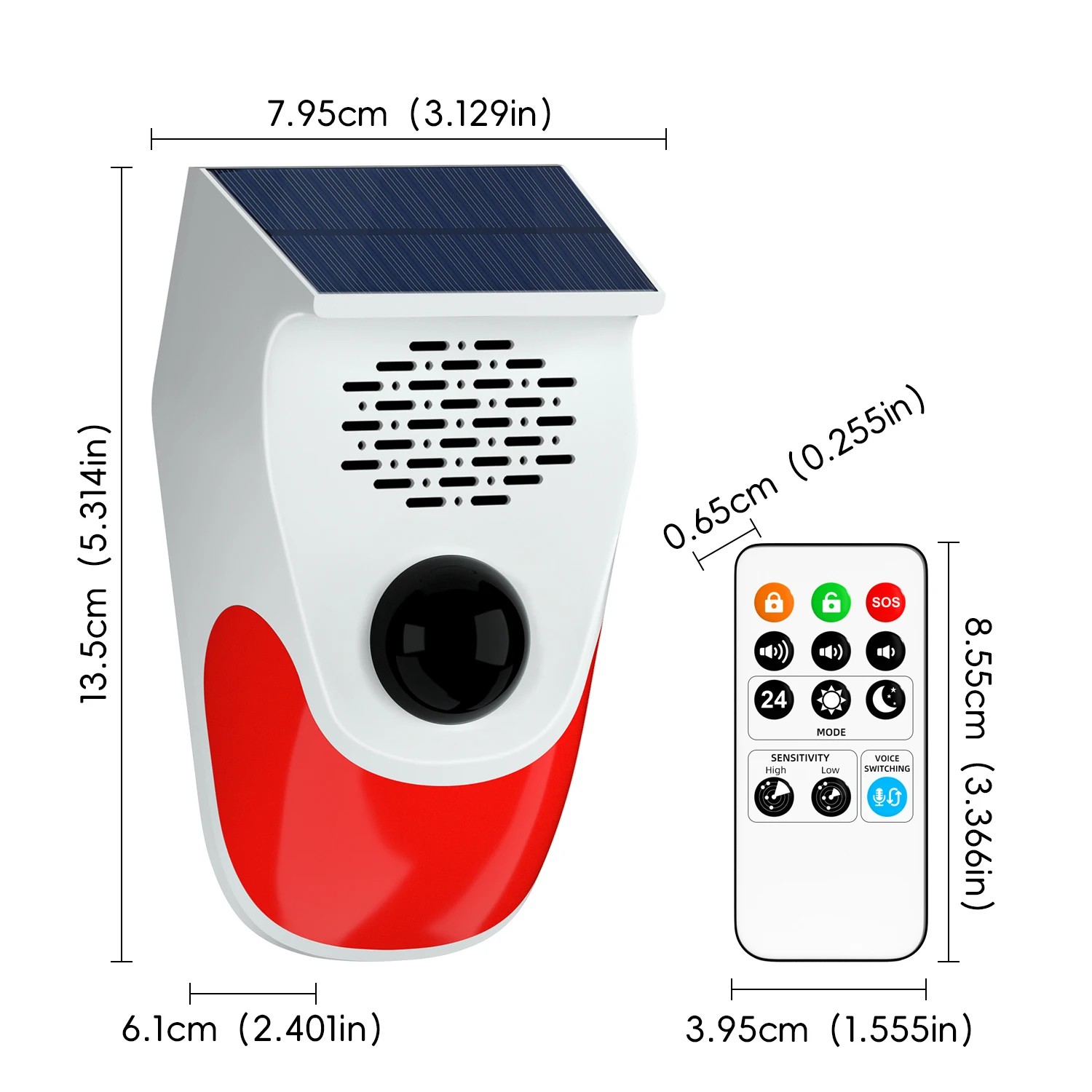 TAIBOAN-Sensor de alarma de movimiento infrarrojo Solar, con sirena de 120db, luz estroboscópica, anunciante de voz DIY, Sensor PIR exterior resistente a la intemperie