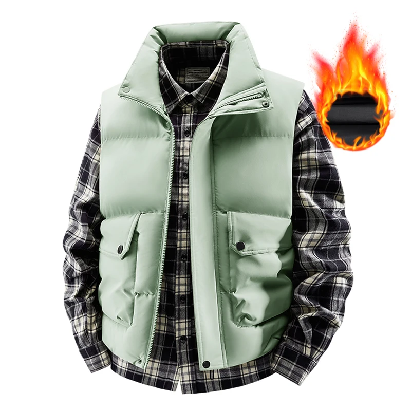 

Мужской модный теплый спортивный жилет для осени и зимы, легкий, с наполнителем из пуха, на молнии, с новым воротником-стойкой, однотонный.