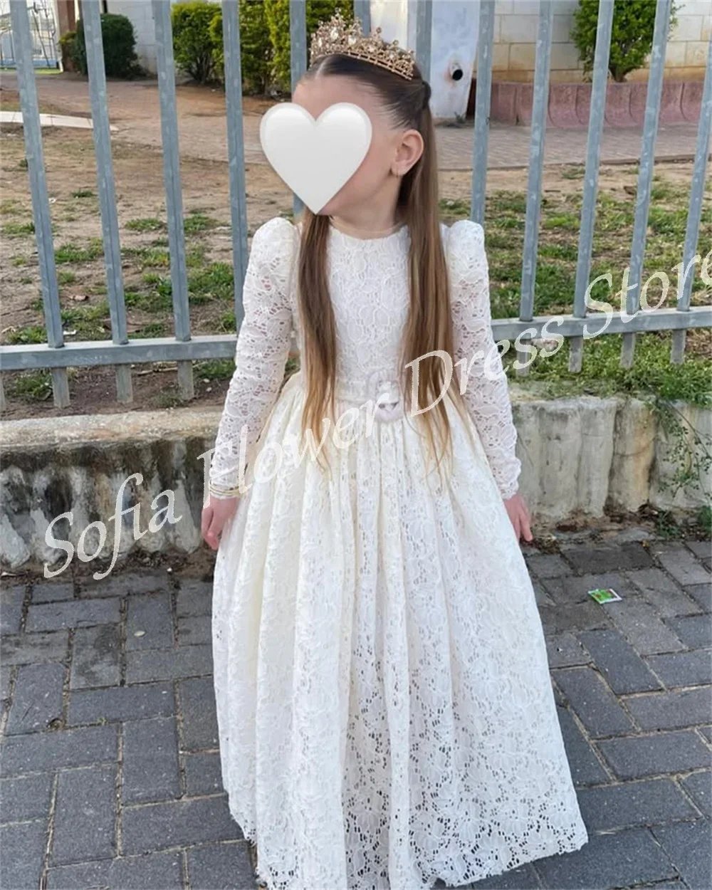 

Princess Flower Girl Dress Lace Long Sleeves O-Neck A-Line Dress With Belt Girls First Communion Birthday Party Gowns Customized