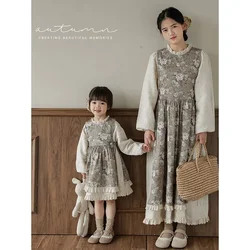 Girls' Clothes Spring  Autumn Flower Vintage Simple Fashionable Children's Sweet Long Dress