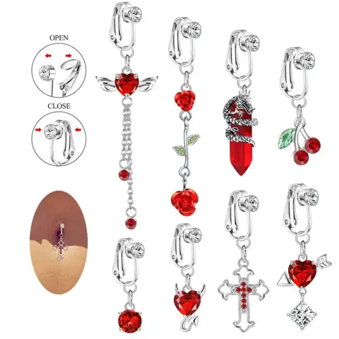 Faux Fake Belly Ring Heart-shaped Design Dangling Long Non Piercing Belly Ring Umbilical Navel Clip on Belly Button Body Jewelry