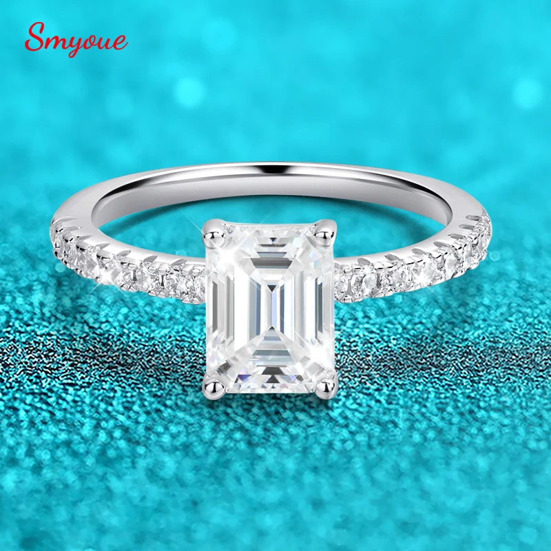 Pierścionek z moissanitem Smyoue 1-4CT szlif szmaragdowy/radiant dla kobiet, zaręczynowy, ślubny, dla panny młodej, 100% srebro próby 925, biżuteria z certyfikatem.