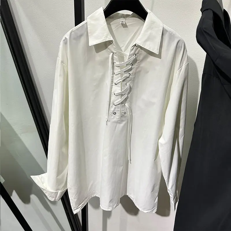 Autumn Fashion Design Sense Avant-Garde Lace-up Lapel Loose Long-Sleeved Shirt Idle Style Ruan Shuai Retro Pullover