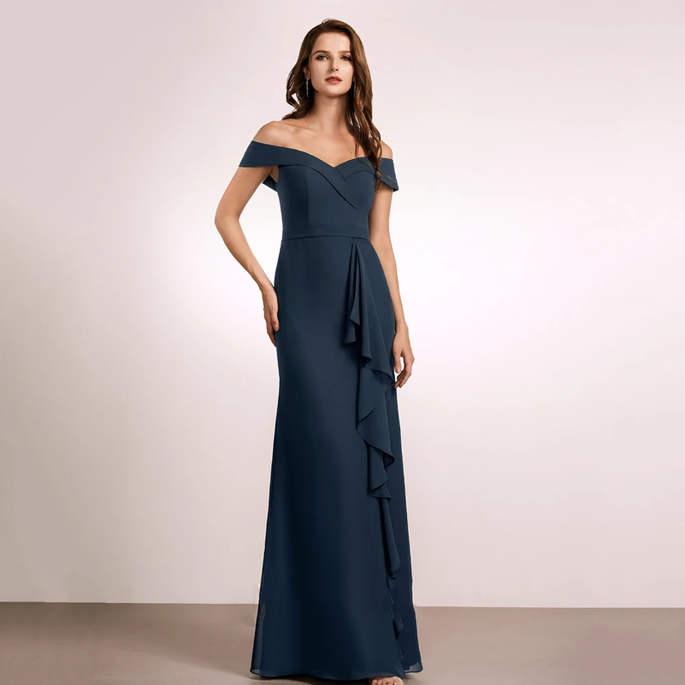 Op maat gemaakte off-the-shoulder bruidsmeisjesjurken, sexy chiffon feestjurk met hoge split, eenvoudige ruches, rugloze vloerlengte, grote maten