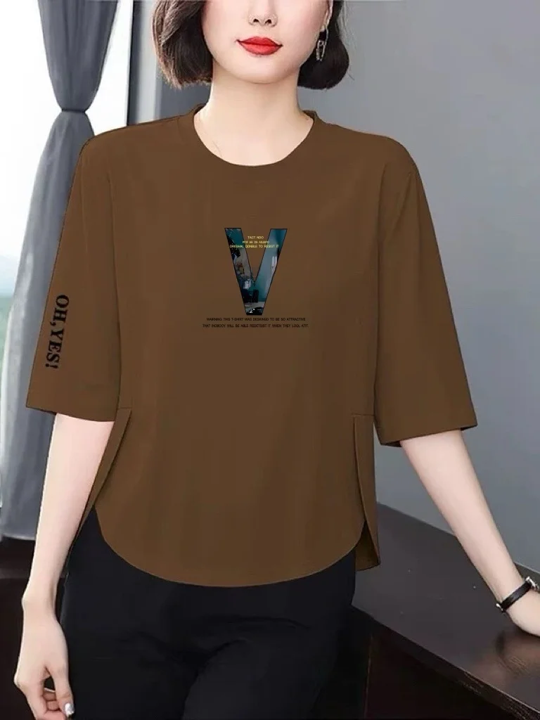 

Элегантная свободная женская футболка для лета, стройнящая, скрывающая недостатки фигуры, универсальная, омолаживающая, для женщин среднего возраста, дышащая, с коротким рукавом