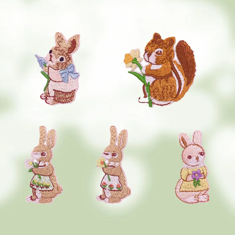 Cute Rabbit Squirrel Animal Patches For Clothing Kids Self-adhesive Embroidery Applique On Jeans Repair Hole Embroidery Patch