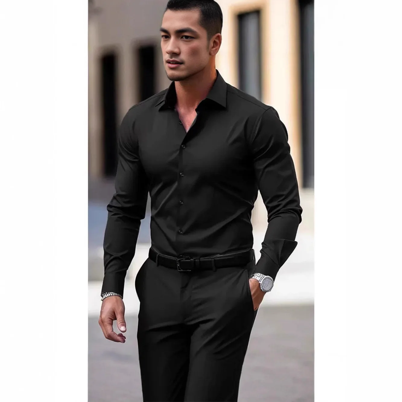 American Hardcore Shiny Slim Wrinkle-Free Long Sleeve Shirt Men's Casual Top