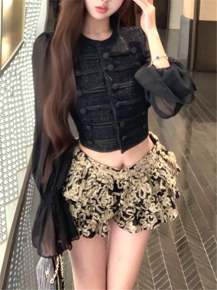

Корейская шикарная новая осенняя мода с круглым вырезом, короткая черная куртка, топ, женская прозрачная элегантная рубашка с длинными расклешенными рукавами, лоскутная блузка, верхняя одежда