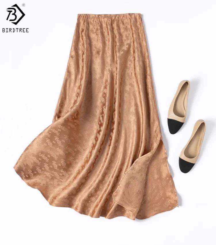 

Birdtree 20MM 100% Silk Skirt,Women Jacquard Satin Elastic Waist Elegant Solid Loose Split Skirt 2025 New D55906JF