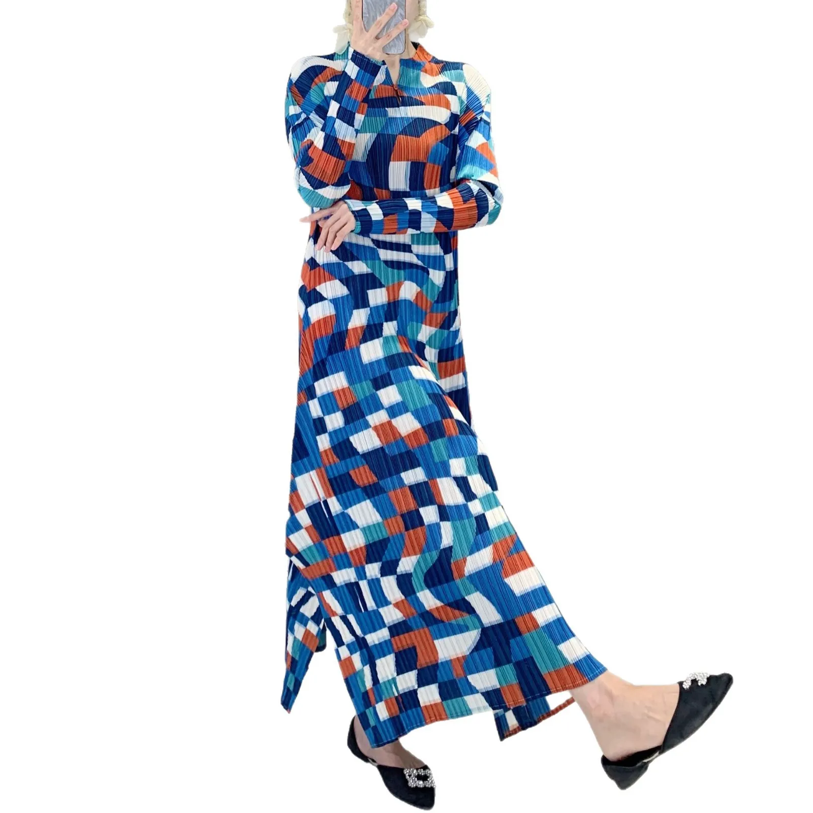 Miyake plisado Primavera/otoño nuevo estilo vestido largo, falda acampanada holgada plisada de moda, vestido estampado informal de manga larga