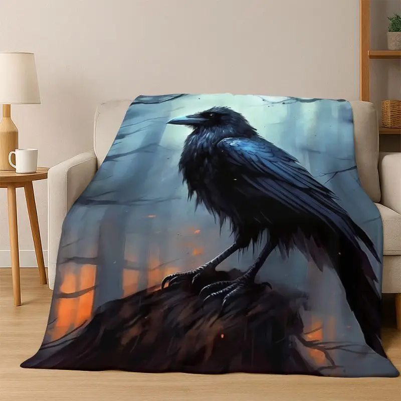 Gothic Raven Crow Skull Cartoon Flannel Blanket Soft Warm Blanket Throw Blanket for Bedroom Living Room Bed Travel Camping Gift