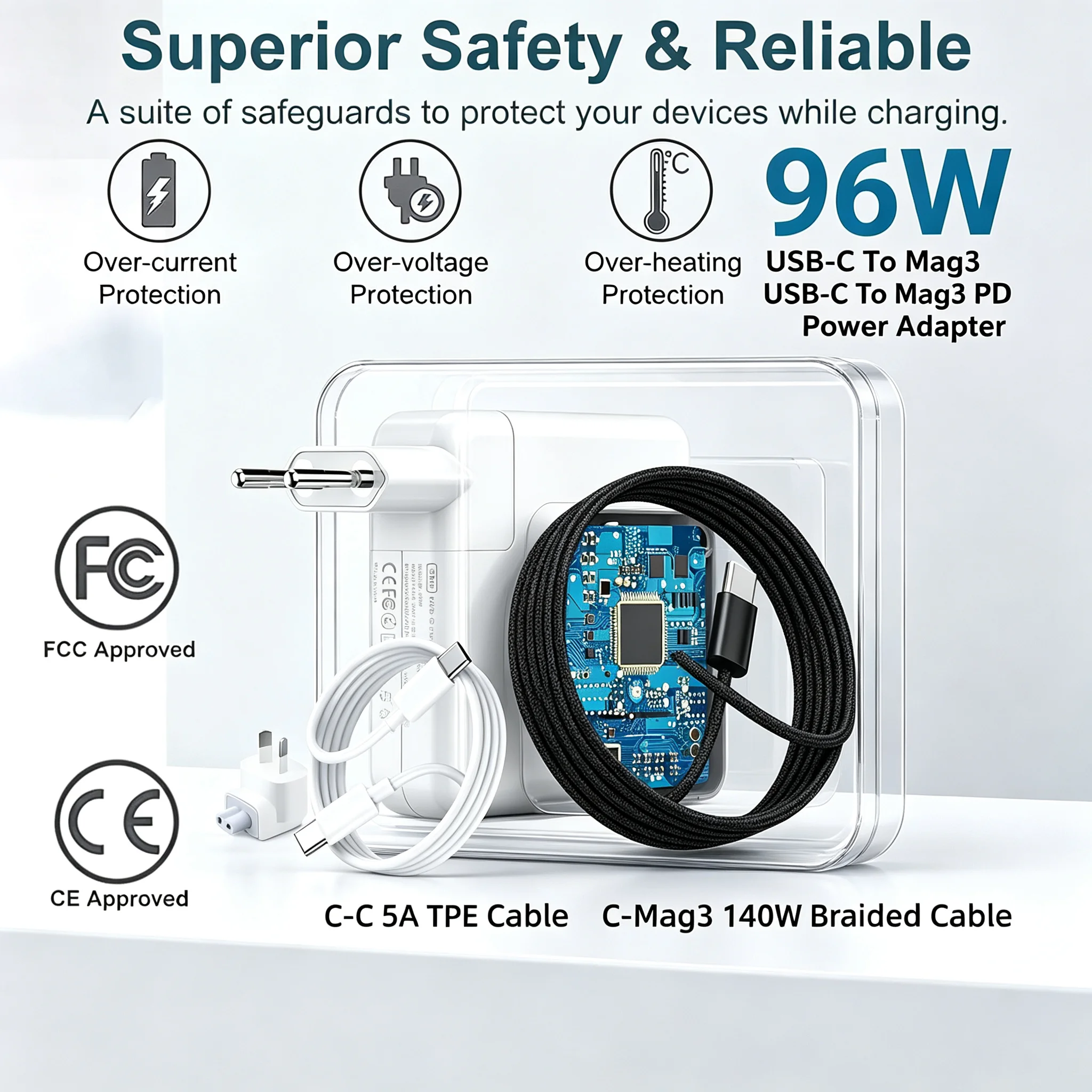 96W PD USB-C Charger with USB-C to Mag3 Braided Cable for MacBook Pro 14