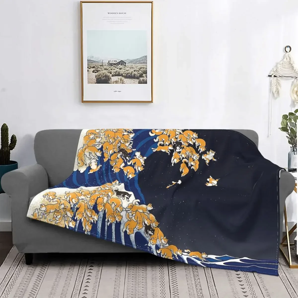 Shiba Inu The Great Wave In Night   Throw Blankets vintage dog cute japanese Blanket for Home Office Lightweight Bed Rug