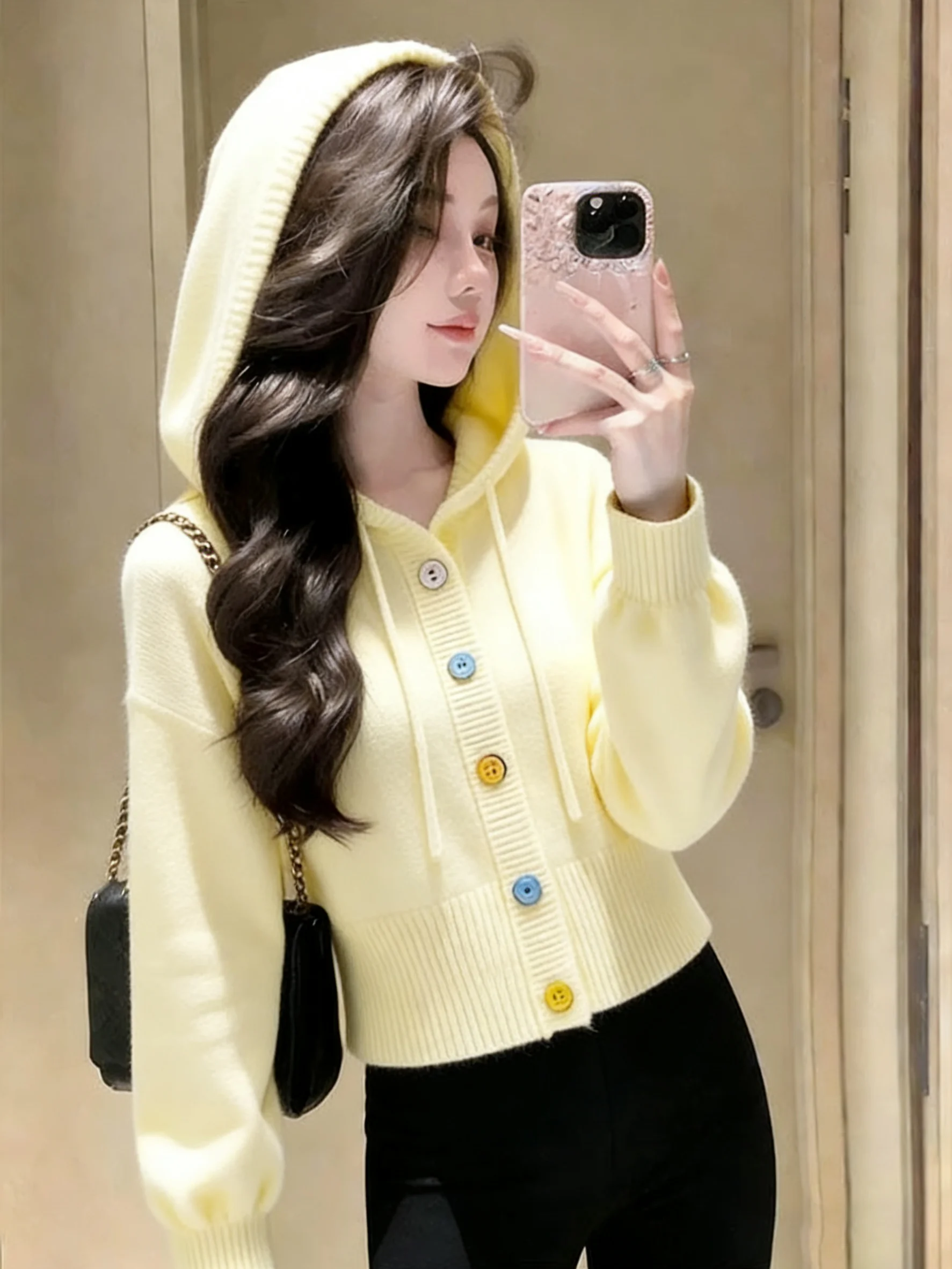 

Ladies' Chic Korean Sle Knitted Sweater with Hood Open Cardigan Light Yellow Loose Fit Long Sve Casual Daily Wear