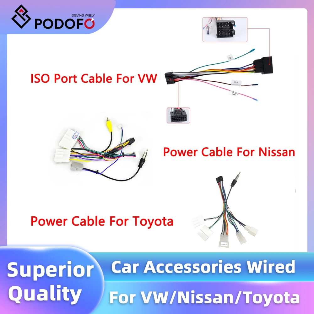 Podofo Car Radio Universal Car Cable For Volkswagen Nissan Toyota Interface Power Cord ISO Port VW Power Cable KY1 KY2 Cable