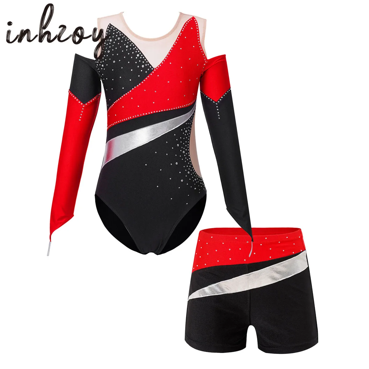 Kids Girls Rhinestone Ballet Dance Outfits Gymnastics Leotard+Shorts Dancewear Set Figure Skaitng Gymnastics Bodysuit Jumpsuit