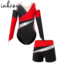 Kids Girls Rhinestone Ballet Dance Outfits Gymnastics Leotard+Shorts Dancewear Set Figure Skaitng Gymnastics Bodysuit Jumpsuit