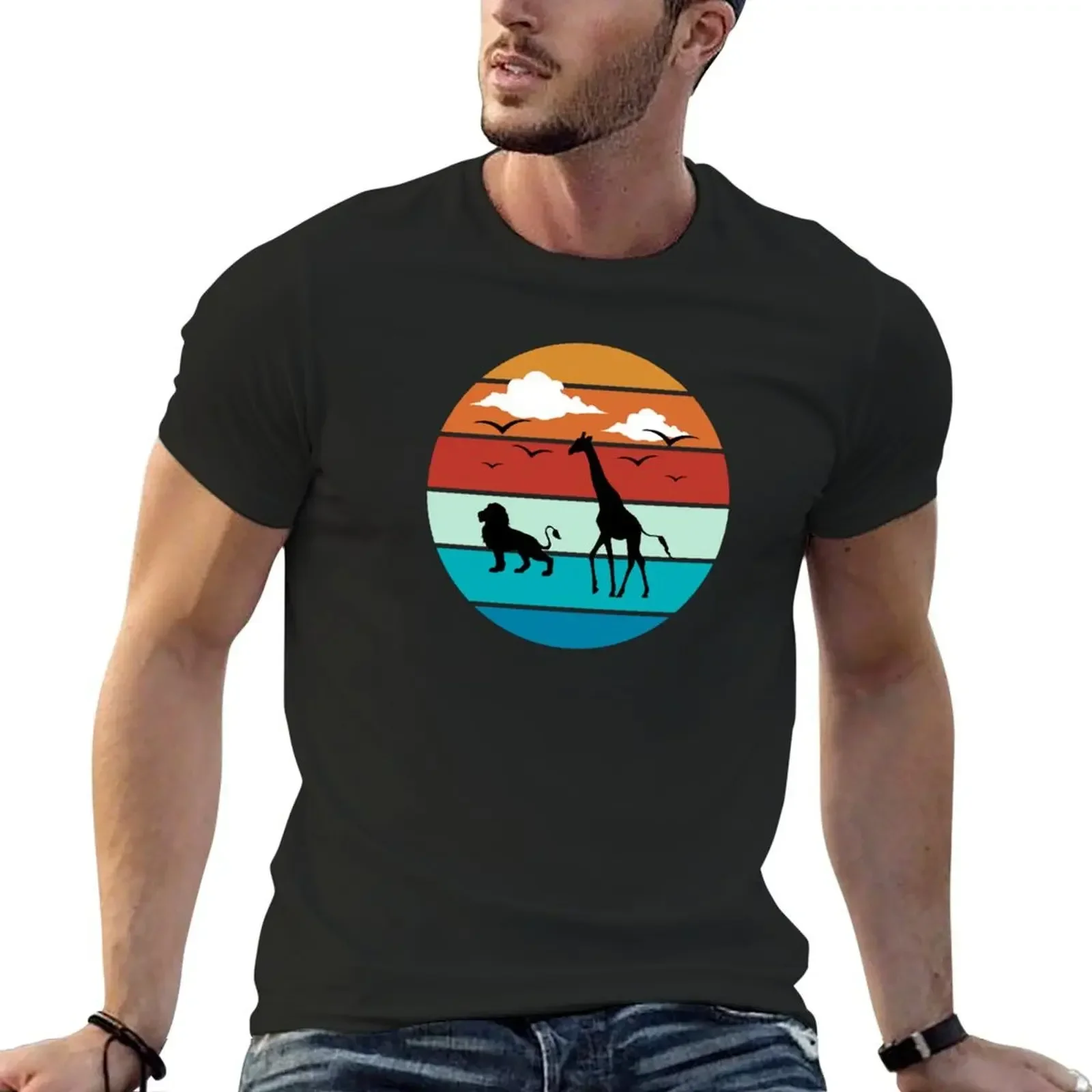 Vintage retro sunset art of zoo blue, red, yellow, orange T-Shirt sublime oversized t shirt mens white t shirts