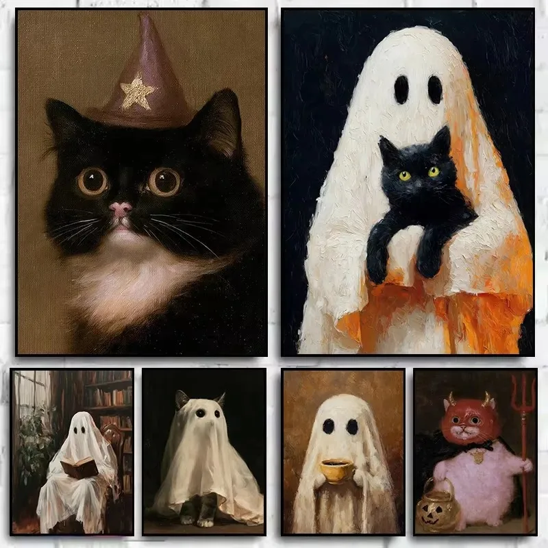 Oil Painting by Number Kit Vintage Gothic Funny Wizard Cat Ghost Coffee Canvas Wall Art for Adults DIY Home Decor Gift