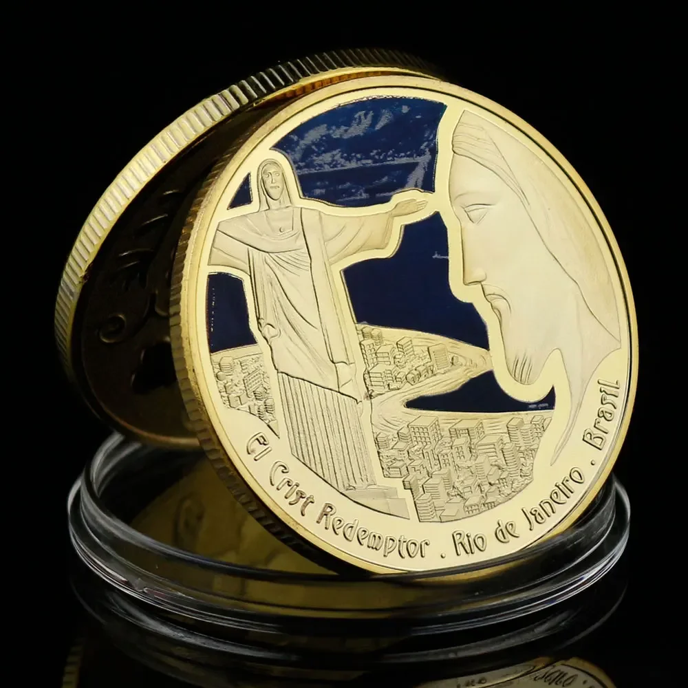 Statue Christ the Redeemer Overlooking the City of Rio de Janeiro in Brazil Gold Coin 40mm Gold Plated Jesus Commemorative Coin