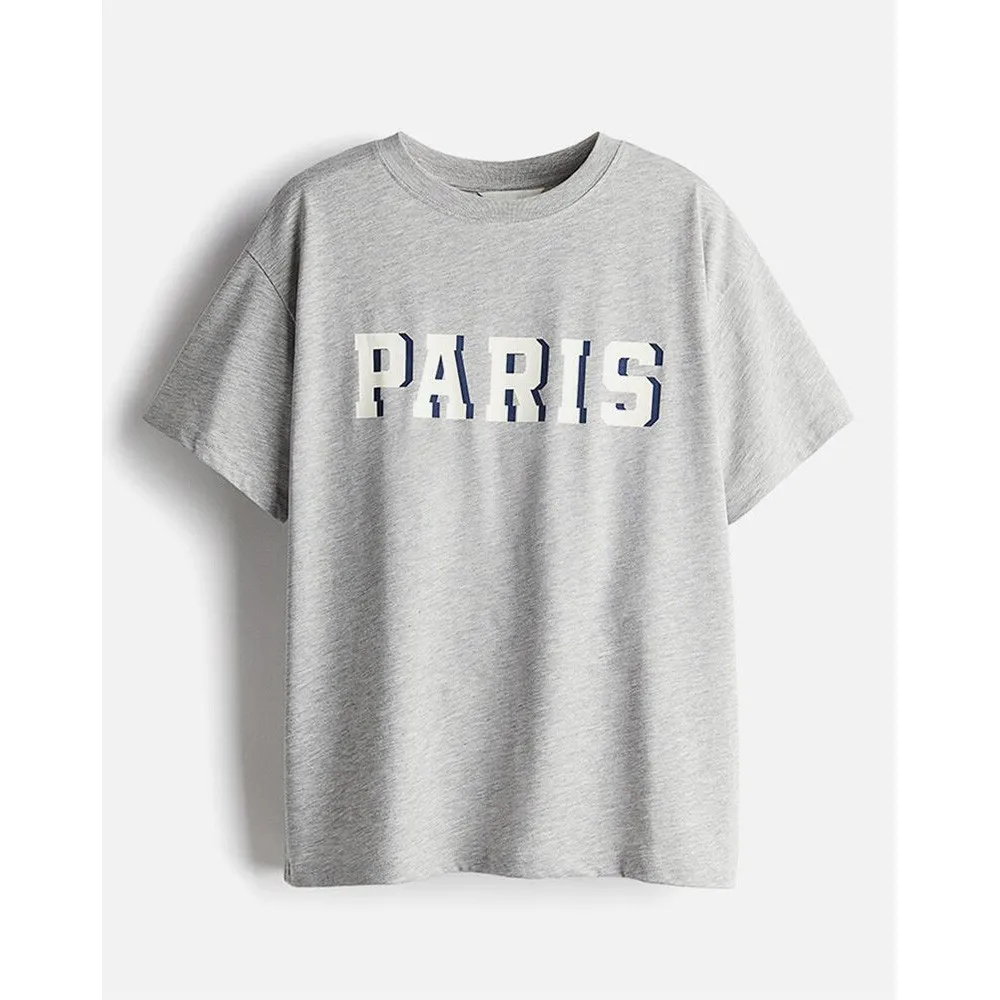 French Vintage Style Paris Letters Printing T Shirts Female Summer Short Sleeve Loose Cotton Tops Gray Crewneck Casual Tees