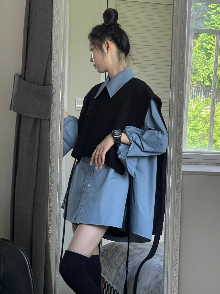 Loose Knitted Long Sleeve Women's Sweater Set with Vest Shoulder Wrap Blue Spring Autumn Fashion Two-Piece Set Korean Style