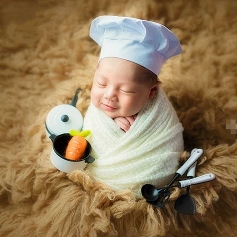 Bebe şapka yenidoğan fotoğraf şef şapkası Mini mutfak eşyaları ve aletleri takım bebek tema fotoğraf aksesuarları