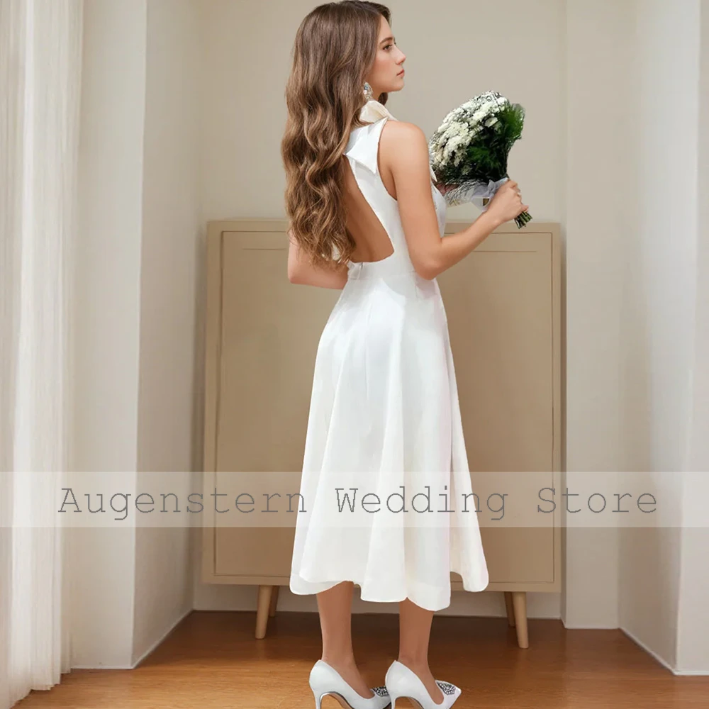 Elegant Midi Wedding Dresses Satin A-line Wedding Party Dress White Square Neck Bow Simple Bridal Gown 2024