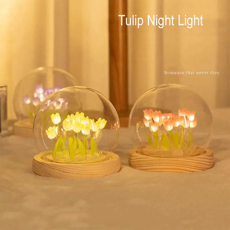 

Creative New Bedroom Decoration Glass Cover Desk Night Lights Led Diy Simulation Flower Tulip Dome Table Lamp For Kids Gift