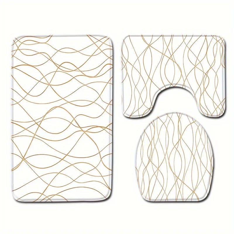 1/3Pcs White Background Golden Line Floor Mat Set Toilet Cover Toilet Carpet Bathroom Absorbent Door Mat Bathroom Three-Piece Se