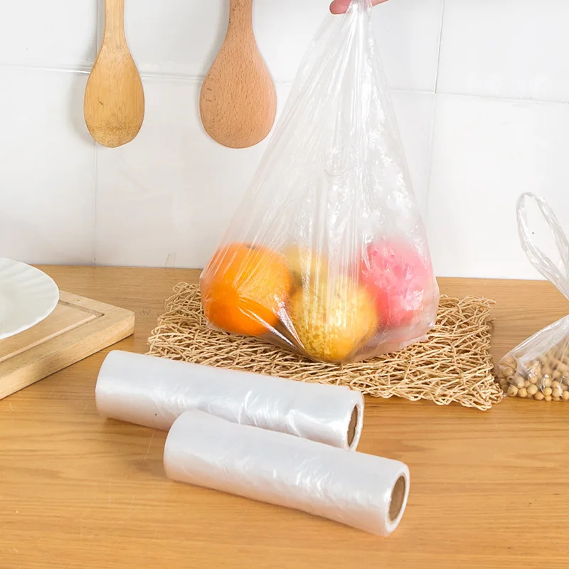 100Bags/Roll Plastic Food Storage Bags with Portable Handle for Vegetable Fruits Bread Kitchen Organizer Transpare Storage Bags