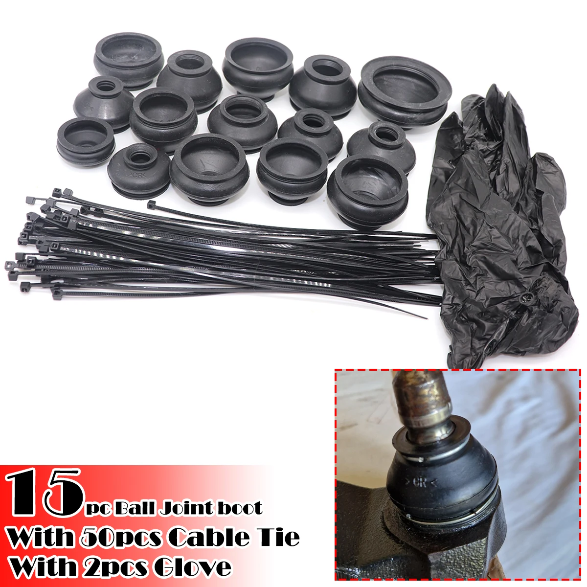 15SizeX1 Universal Rubber Ball Joint Boot Dust Cover Cap Rod Linkages End Replacement Kit Protector W/ Cable Tie Fasten Glove