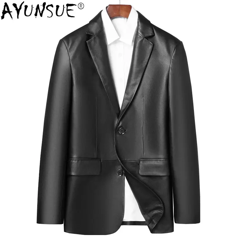 AYUNSUE Fall Spring New Single Breasted Real Leather Jacket Men Pure Cowhide Leather Suit Slim Short Casual Men's Coat Chaquetas