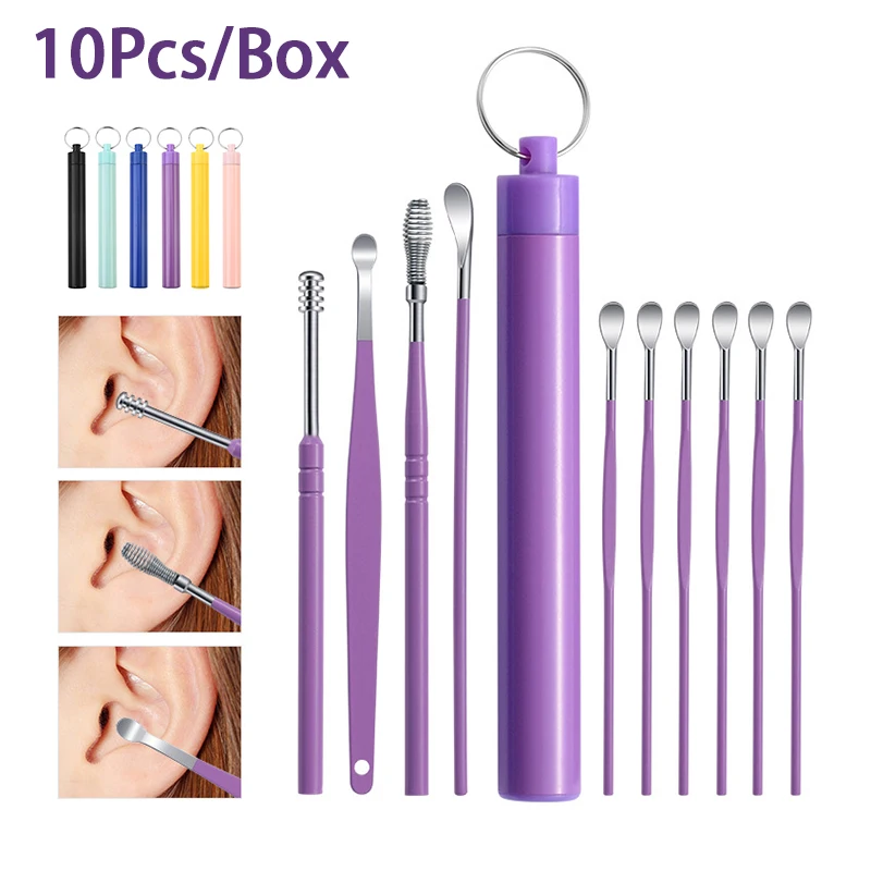 Aço inoxidável Ear Cleaner, Reutilizável Ear Cleaning Tool, Earwax Remoção, Removedor de cera, Colher de Primavera, Ear Pick, Cleanser Care, 10Pcs Set