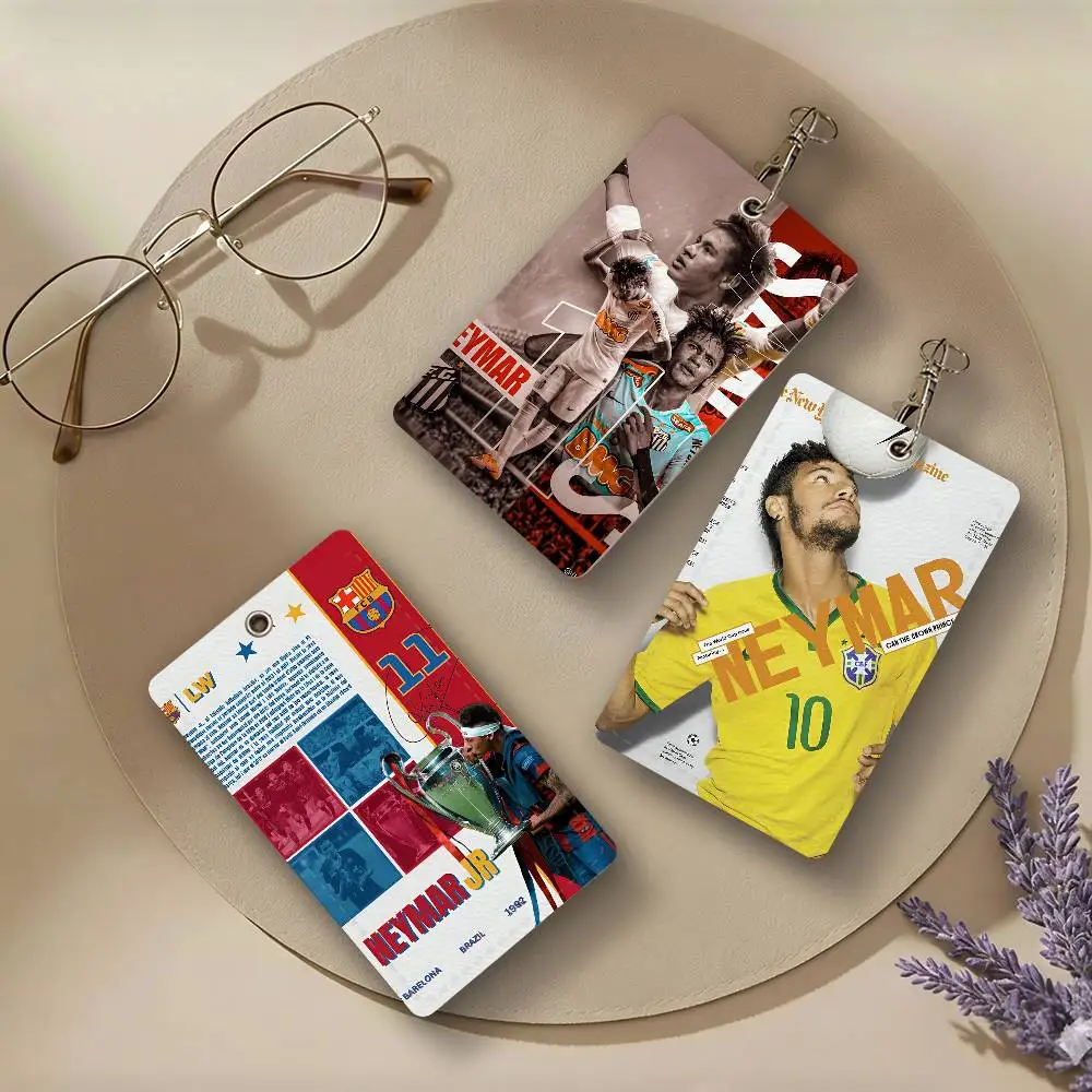Sports Star N_Neymars PU Leather Card Holders Anti-lost Student ID Protective Cover Cases Campus Access Cards Key Chain